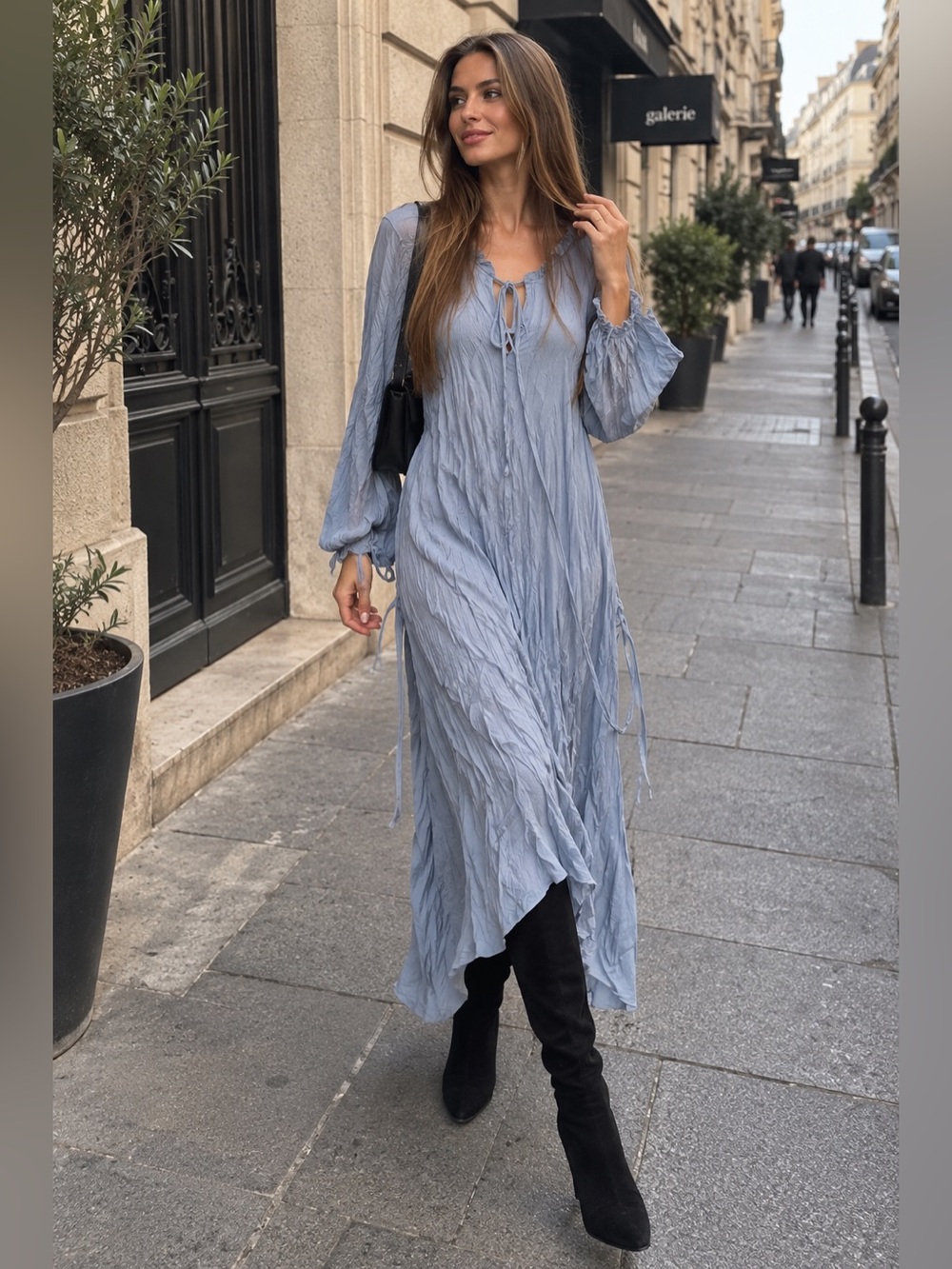 ZARA Light Blue Crinkle Maxi Dress Ruffle Tie Neck Belted Size S